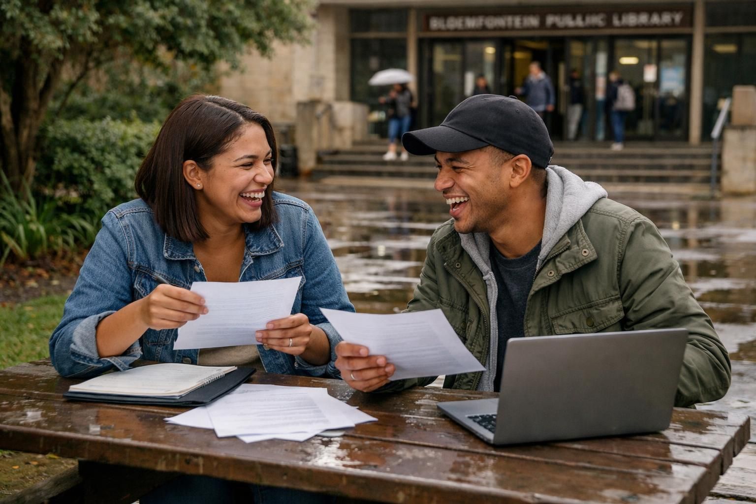 Two Coloured South African friends at the Bloemfontein public library entrance, laughing while comparing interview notes at a nature-adjacent picnic bench after rain.