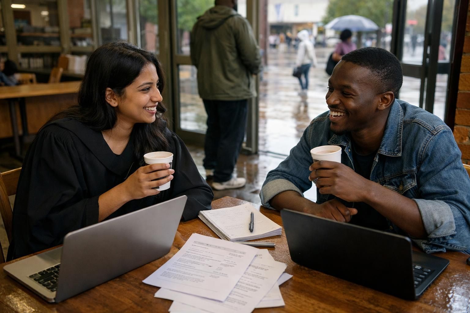 Two South African graduates take a coffee break near the Bloemfontein public library entrance with laptops and printed CV drafts after rain.