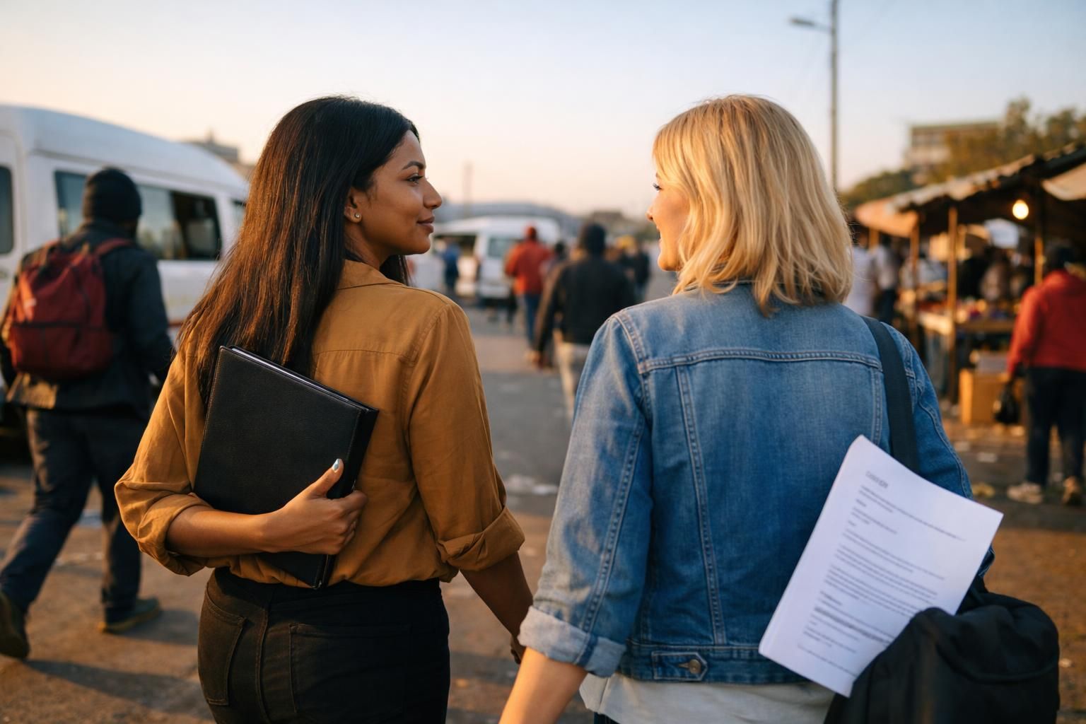 Over-the-shoulder candid photo of an Indian South African woman and her white South African colleague walking confidently near the Polokwane taxi rank in early morning light, commuting toward an interview with a simple folder in hand.