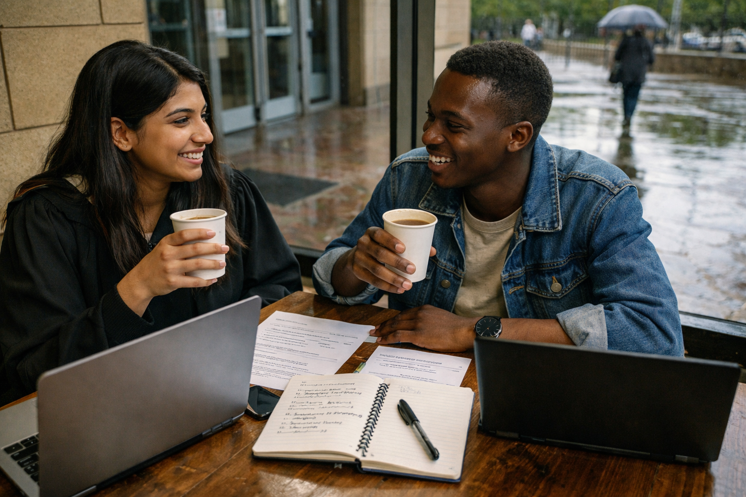 An Indian South African graduate and a Black South African classmate take a coffee break with laptops and printed CV drafts at the Bloemfontein public library entrance on a rainy-day afternoon, in a modest local workspace setting.