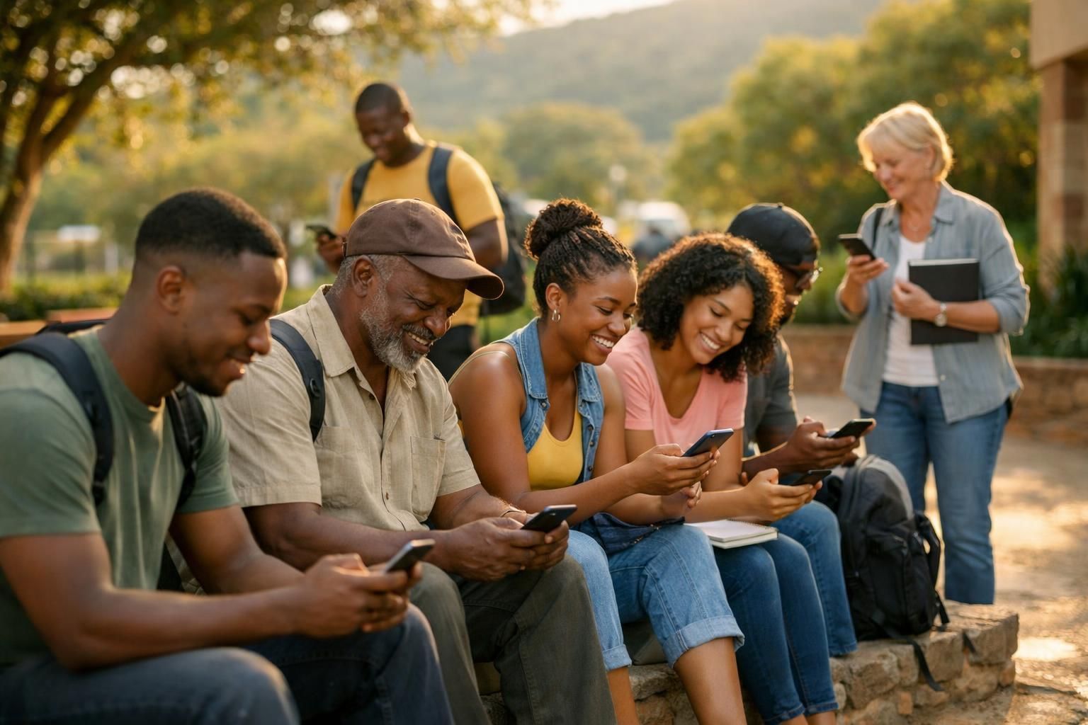 Multigenerational South African job seekers in a campus courtyard near Mbombela/Nelspruit, checking job alerts on phones with backpacks and notebooks in late afternoon golden light.