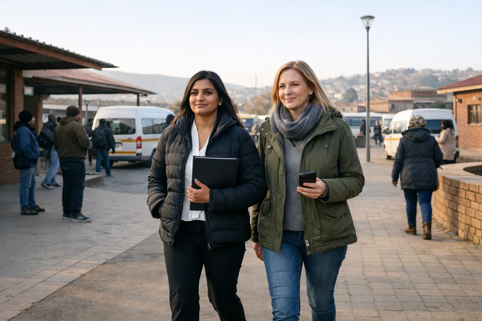 An Indian South African woman and a white South African colleague walking confidently through a Mamelodi community centre courtyard on a cool winter morning, heading to an interview.