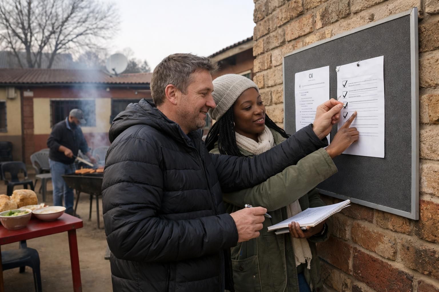 A white South African man and a Black South African woman in a Mamelodi community centre courtyard pin a printed checklist beside a CV draft while sharing notes on a cool winter morning.