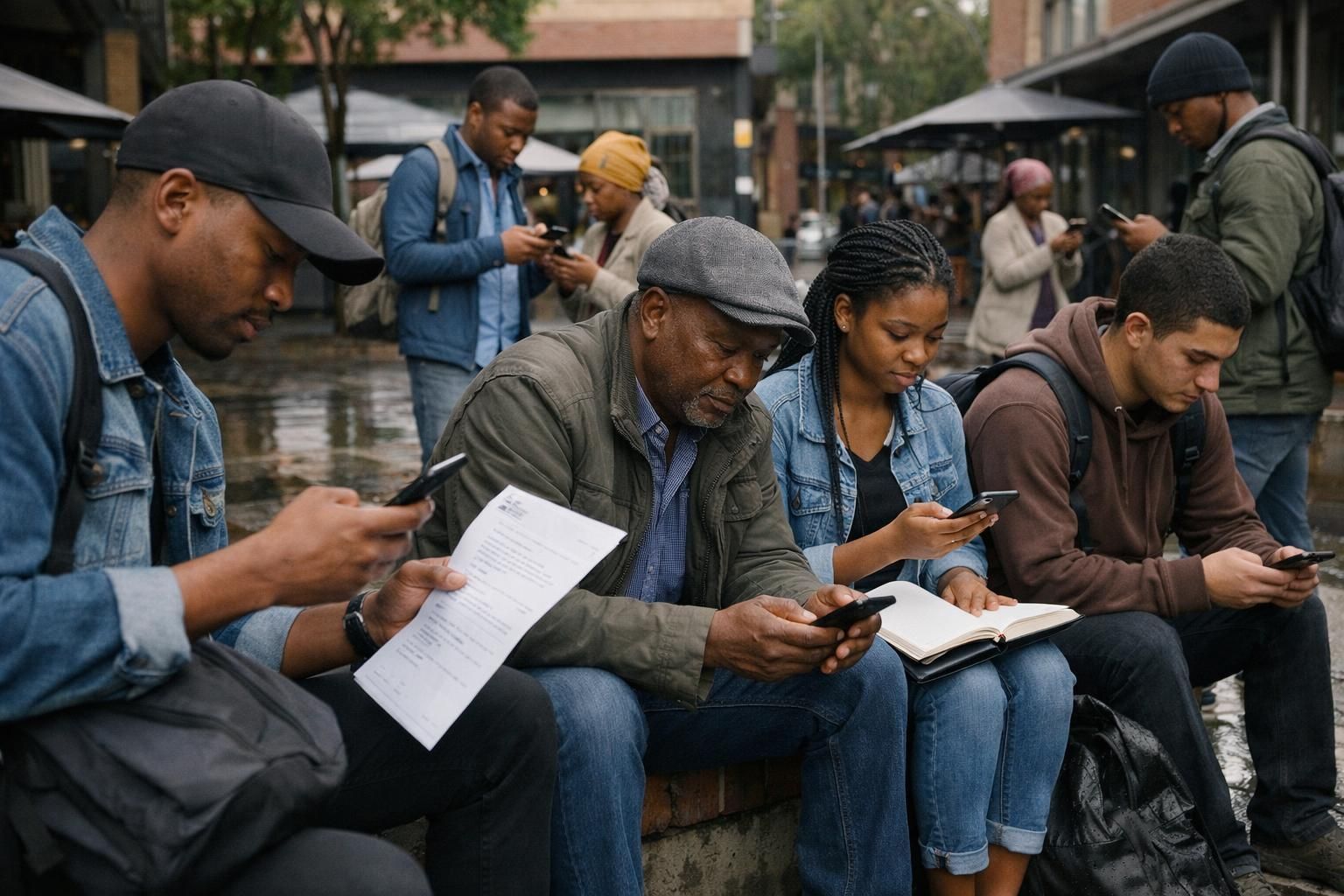 Multigenerational South African job seekers in a Braamfontein campus courtyard checking job alerts after rain with CVs and notebooks
