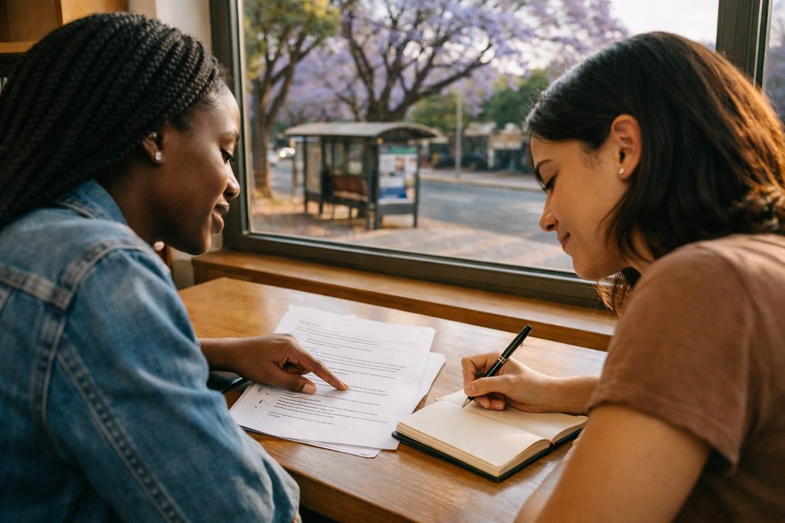 Over-the-shoulder candid photo of a Black South African woman in her twenties and a Coloured friend at a public library study table in Pretoria/Tshwane, helping each other choose skills to add to a CV in early morning clear light.