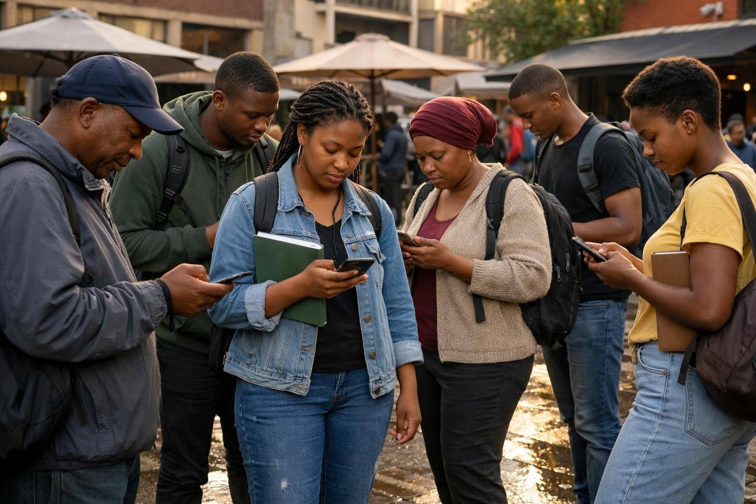 Multigenerational South African job seekers in a Braamfontein campus courtyard checking job alerts on their phones after rain