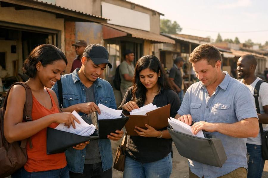 A mixed group of South African job seekers outside a training centre on a Soweto street, packing a folder of documents before heading to an interview in warm summer light.