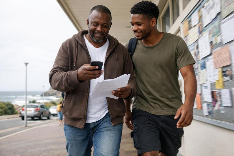 A Black South African father returning to studies and a younger mentor walk near an East London seaside road by a community centre noticeboard, reviewing a CV on a phone with paper notes on a bright overcast day.