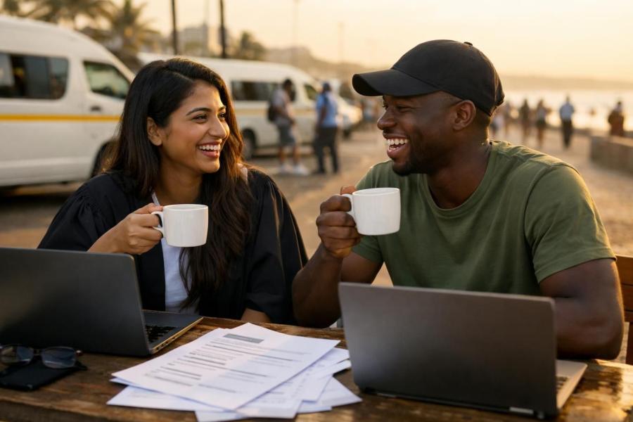 Two South African graduates, one Indian and one Black, take a relaxed coffee break with laptops and printed CV drafts at a modest workspace on the Durban beachfront promenade near a minibus taxi stop in late afternoon golden light.