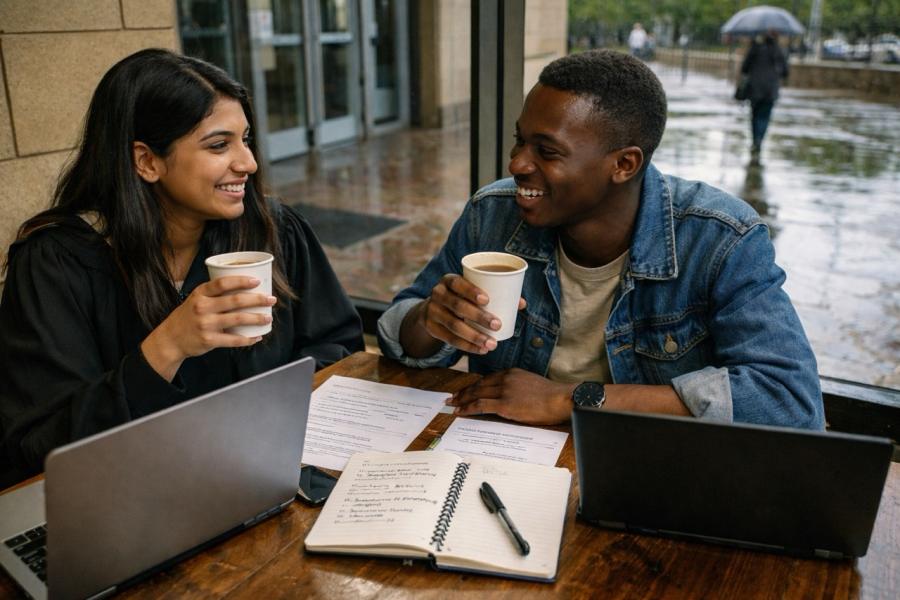 An Indian South African graduate and a Black South African classmate take a coffee break with laptops and printed CV drafts at the Bloemfontein public library entrance on a rainy-day afternoon, in a modest local workspace setting.