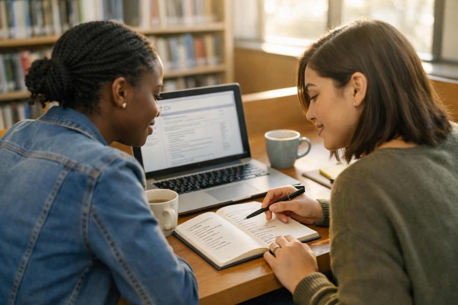 Over-the-shoulder view of a Black South African woman and her Coloured friend at a public library study table in Pretoria/Tshwane, helping each other choose skills to add to a CV in early morning light.