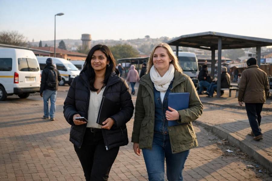 An Indian South African woman and a white South African colleague in casual jackets walking confidently through a Mamelodi community centre courtyard near public transport on a cool winter morning, carrying documents on the way to an interview.