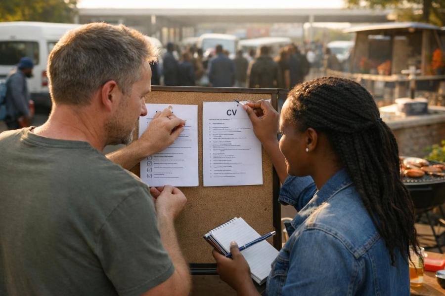 Over-the-shoulder view of a white South African man and a Black South African woman sharing notes and pinning a printed checklist beside a CV draft during a relaxed backyard braai setup near Polokwane taxi rank in early morning light.
