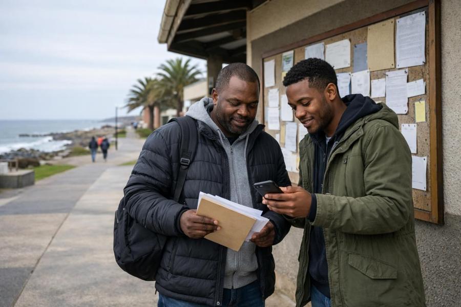Wide photorealistic scene on a cool winter morning in Gqeberha at a coastal campus walkway by a community centre noticeboard area, where a Black South African father returning to studies and a younger mentor in jackets review a CV on a phone with paper no