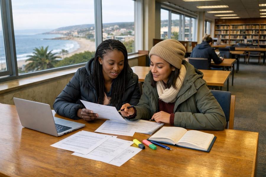 A Black South African woman in her twenties and her Coloured South African friend sit at a public library study table in Gqeberha on a cool winter morning, helping each other choose skills to add to a CV.