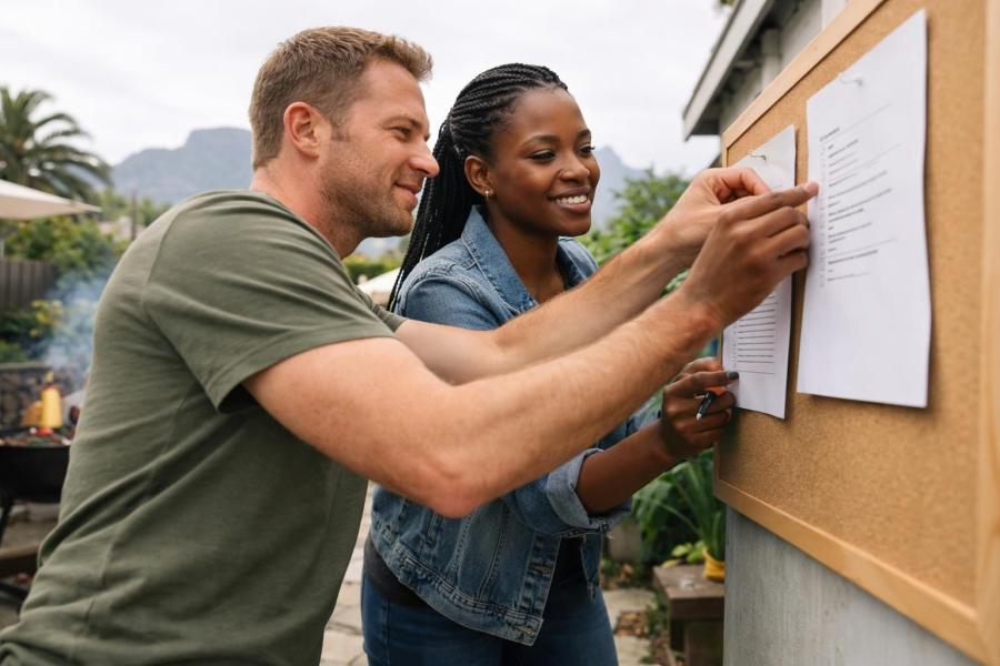 A white South African man and a Black South African woman share notes while pinning a printed checklist beside a CV draft during a relaxed backyard braai prep, with the Cape Town train station approach and Table Mountain in the distance on a bright overca