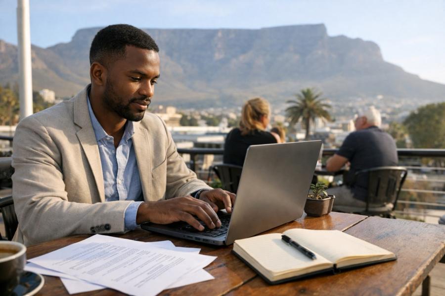 South African job seeker tailoring a CV on a laptop with Table Mountain in the background